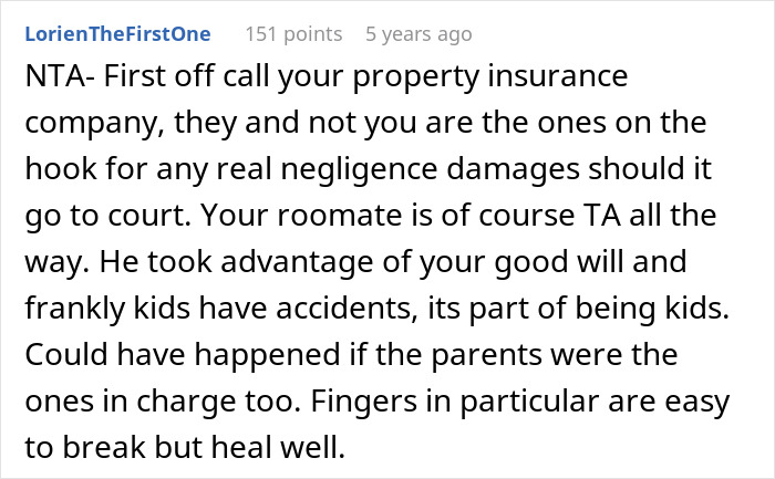 Comment discussing negligence damages and accidents involving kid, referencing roommate vanishing with ex and blame situation.