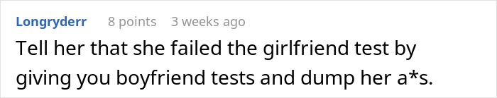 Comment advising to end relationship after girlfriend fakes pregnancy as a test of his love. Comment advising to end relationship after girlfriend fakes pregnancy as a test of his love.