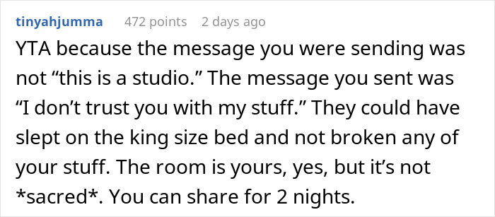 Comment explaining a guy prioritizes his miniature wargaming studio over sharing his space with his daughter and fiancé. Comment explaining a guy prioritizes his miniature wargaming studio over sharing his space with his daughter and fiancé.