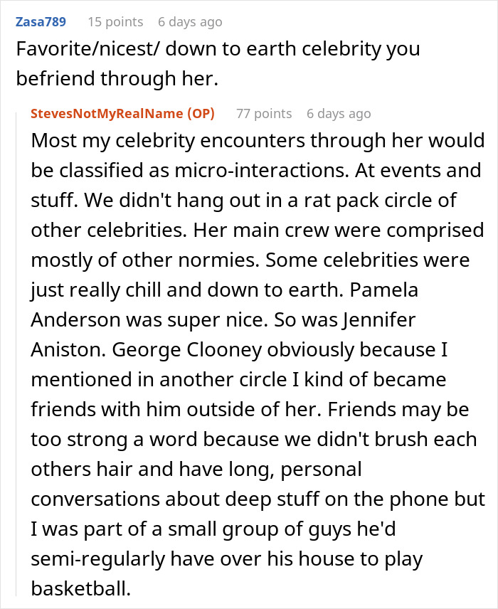 Screenshot of an online conversation where a guy shares celebrity encounters and dating a famous actress insights.