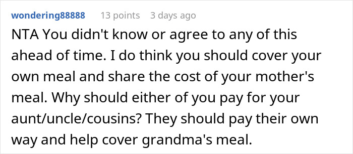 Comment discussing refusal to pay after finding out they were treating the table, emphasizing fairness in meal cost sharing. Comment discussing refusal to pay after finding out they were treating the table, emphasizing fairness in meal cost sharing.