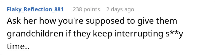 Comment about helicopter mom asking about grandkids, highlighting constant interruptions during honeymoon trip. Comment about helicopter mom asking about grandkids, highlighting constant interruptions during honeymoon trip.