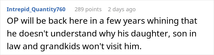 Comment discussing a guy prioritizing his miniature wargaming studio over his daughter and her fiancé, causing family tension. Comment discussing a guy prioritizing his miniature wargaming studio over his daughter and her fiancé, causing family tension.