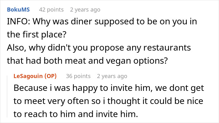 Screenshot of Reddit conversation discussing a friend laughing off vegan’s warning about paying only for his food.