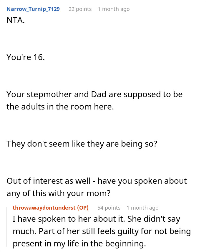 Reddit comment discussing a teen refusing to be a birthday gift for stepmother and family dynamics. Reddit comment discussing a teen refusing to be a birthday gift for stepmother and family dynamics.