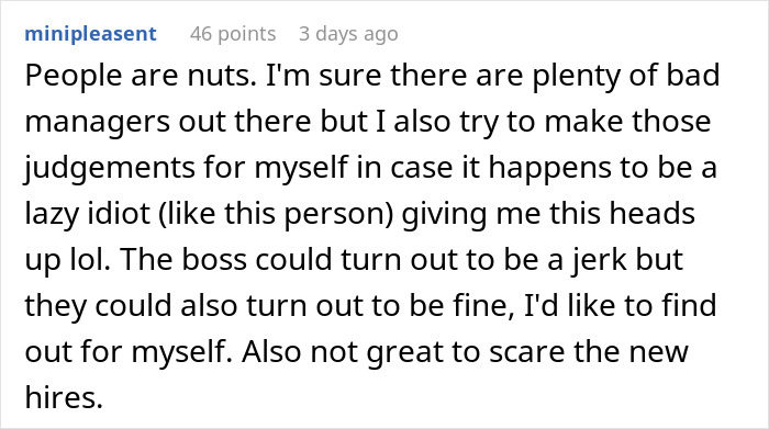 Comment discussing lazy employee reactions and expectations from a new boss in a work environment. Comment discussing lazy employee reactions and expectations from a new boss in a work environment.