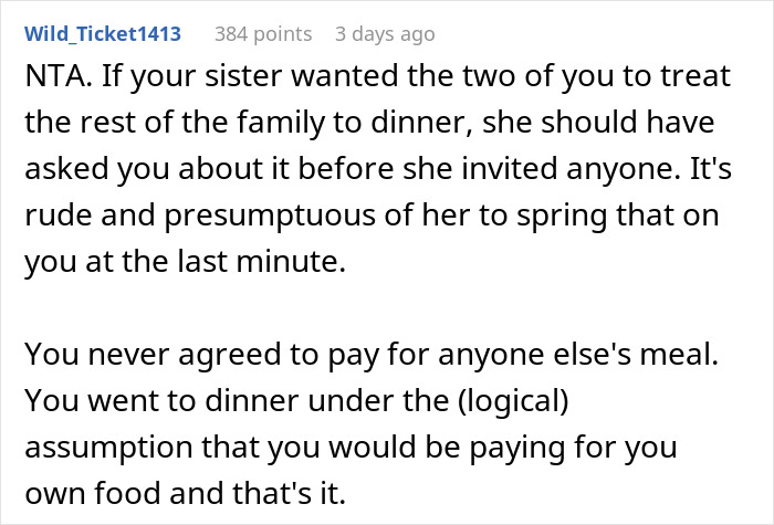 Text excerpt from an online discussion where a person refuses to pay after finding out they are treating the table at dinner. Text excerpt from an online discussion where a person refuses to pay after finding out they are treating the table at dinner.
