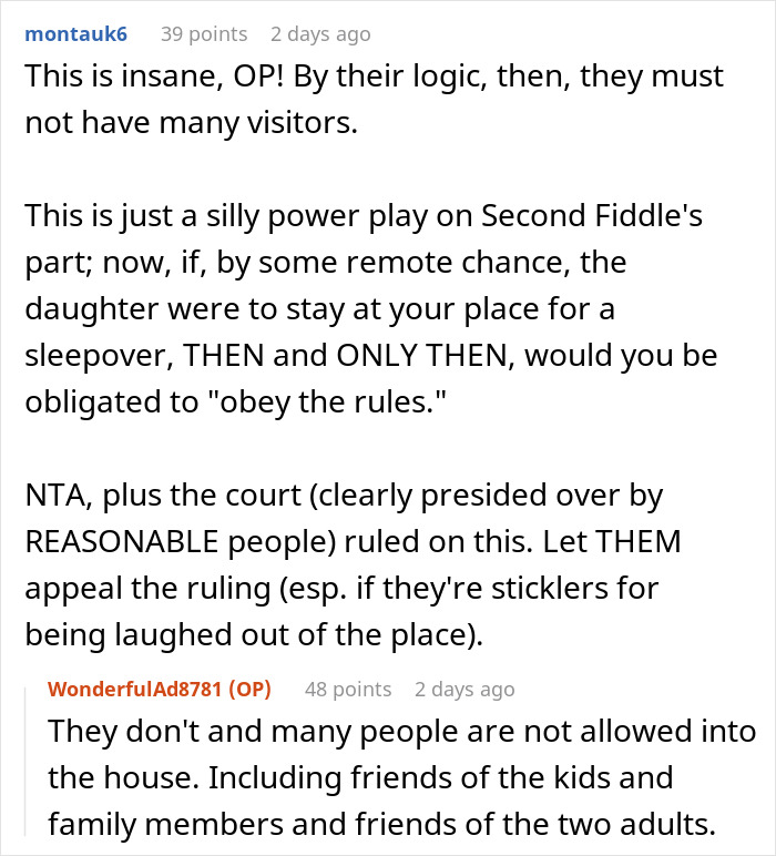 Screenshot of a Reddit discussion about a dad refusing to change kids’ diet for the ex’s new husband to allow visits. Screenshot of a Reddit discussion about a dad refusing to change kids’ diet for the ex’s new husband to allow visits.