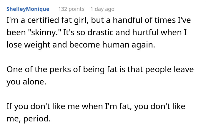 Screenshot of a social media comment reflecting on changes after losing pretty privilege and personal experiences with weight. Screenshot of a social media comment reflecting on changes after losing pretty privilege and personal experiences with weight.
