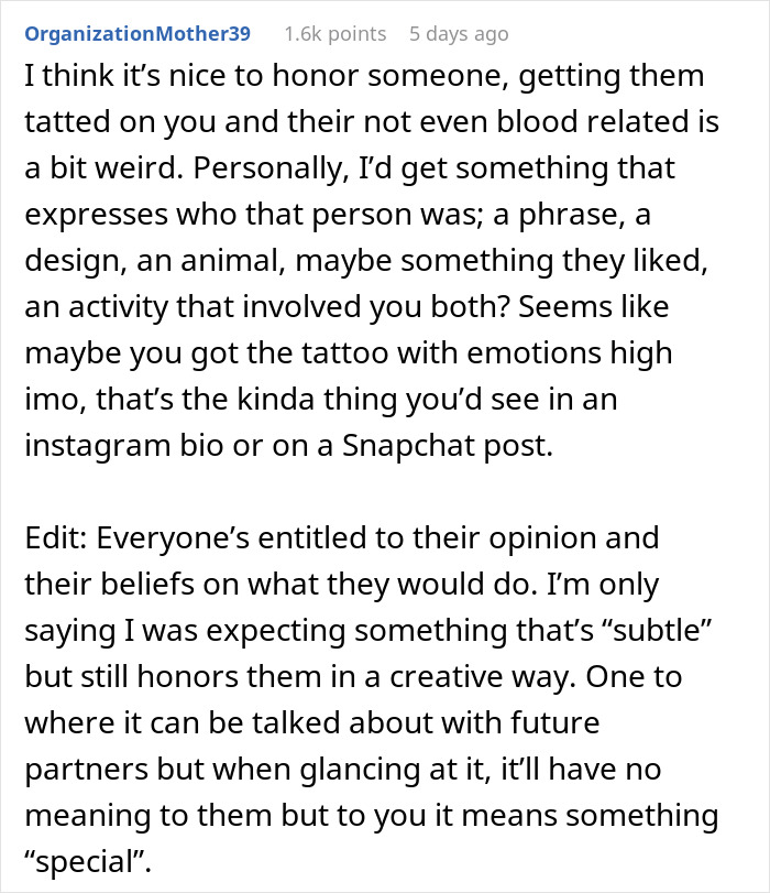 Text comment discussing opinions on honoring a late boyfriend with a tattoo and feelings about symbolic designs.