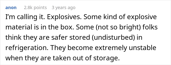 Commenter speculating about explosive material in a box, linking to husband bringing olives and guarding them intensely. Commenter speculating about explosive material in a box, linking to husband bringing olives and guarding them intensely.