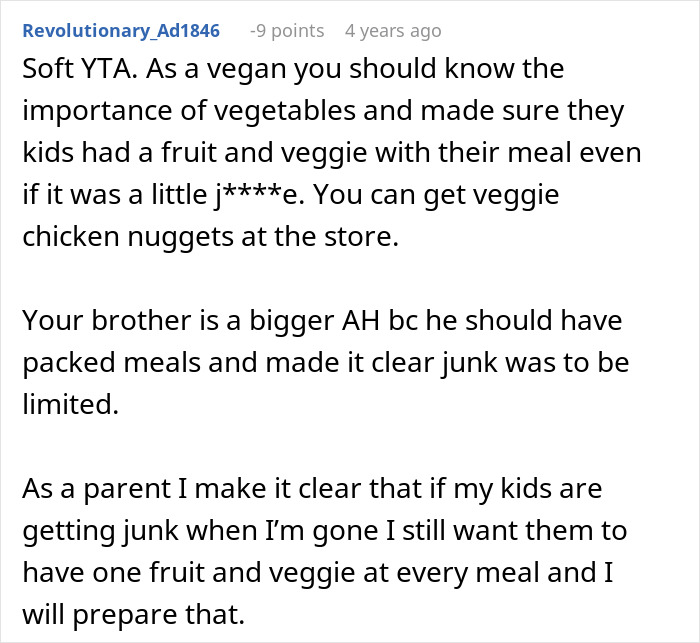 Comment discussing feeding nieces junk food for three days and the importance of balancing meals with fruits and vegetables. Comment discussing feeding nieces junk food for three days and the importance of balancing meals with fruits and vegetables.
