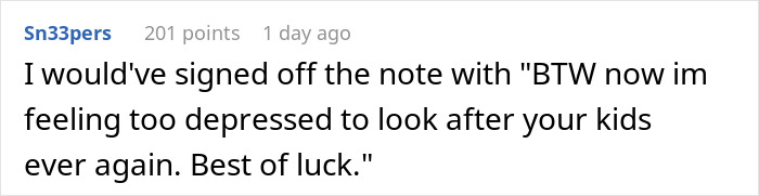 Screenshot of a Reddit comment discussing feeling too depressed to babysit and expressing emotional boundaries clearly. Screenshot of a Reddit comment discussing feeling too depressed to babysit and expressing emotional boundaries clearly.