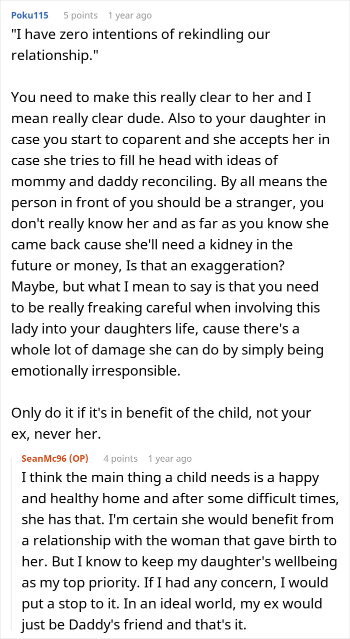Text conversation about a man raising his newborn alone, debating how to handle his ex's sudden return after three years. Text conversation about a man raising his newborn alone, debating how to handle his ex's sudden return after three years.