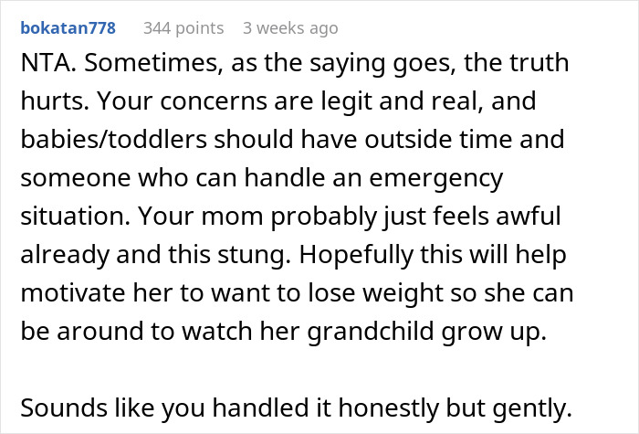 Comment discussing concerns about obese mom babysitting newborn and addressing fat shaming in family care debate. Comment discussing concerns about obese mom babysitting newborn and addressing fat shaming in family care debate.