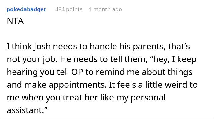 Screenshot of a Reddit comment discussing helicopter parents treating 29-year-old son’s girlfriend like a nanny and daily planner. Screenshot of a Reddit comment discussing helicopter parents treating 29-year-old son’s girlfriend like a nanny and daily planner.