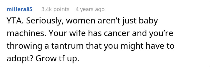 Screenshot of an online comment discussing a man walking out after wife’s cancer diagnosis and no biological kids. Screenshot of an online comment discussing a man walking out after wife’s cancer diagnosis and no biological kids.