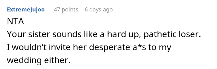 Screenshot of a forum comment discussing a woman making below-the-belt comments about her sister’s fiancé and wedding drama.