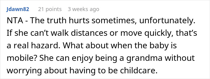 Screenshot of an online comment discussing concerns about an obese mom babysitting a newborn and related fat shaming. Screenshot of an online comment discussing concerns about an obese mom babysitting a newborn and related fat shaming.