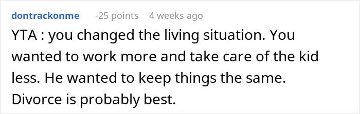 Screenshot of an online comment discussing refusal to help with child care and its impact on leaving a husband. Screenshot of an online comment discussing refusal to help with child care and its impact on leaving a husband.