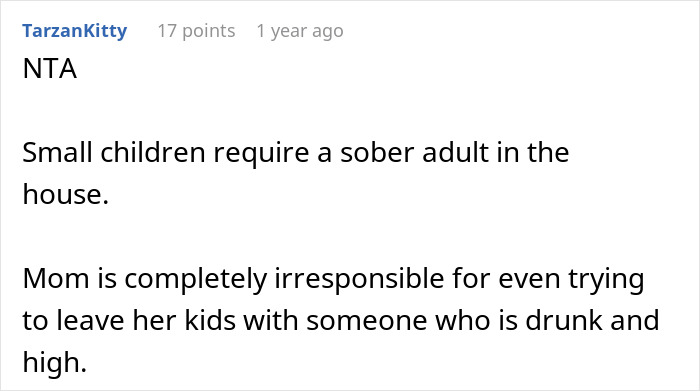 Comment discussing refusal to watch kids during emergency due to being under the influence, with sister’s furious reaction. Comment discussing refusal to watch kids during emergency due to being under the influence, with sister’s furious reaction.