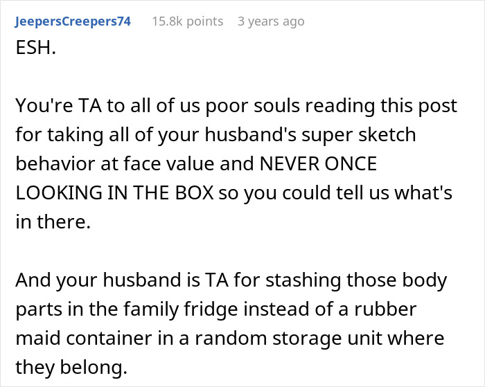 Screenshot of a Reddit comment discussing husband bringing home a box of olives and guarding it like gold. Screenshot of a Reddit comment discussing husband bringing home a box of olives and guarding it like gold.