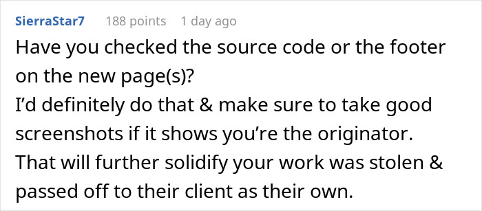 Comment about checking source code and footer to confirm origin and evidence of stolen work during an interview task realization.