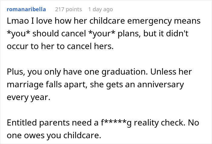Screenshot of a heated online comment about a graduate refusing to cancel trip over sibling’s babysitting emergency. Screenshot of a heated online comment about a graduate refusing to cancel trip over sibling’s babysitting emergency.