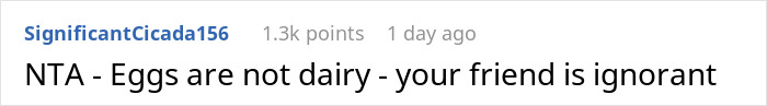 Comment stating eggs are not dairy and calling a friend ignorant in a discussion about dairy-free cake ingredients. Comment stating eggs are not dairy and calling a friend ignorant in a discussion about dairy-free cake ingredients.
