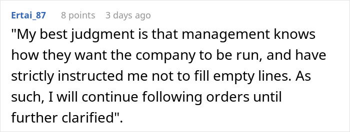 Comment from user explaining management told staff not to fill empty shelves, reflecting on company instructions. Comment from user explaining management told staff not to fill empty shelves, reflecting on company instructions.