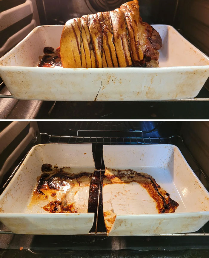 C*****d ceramic baking dish causing cooking fails and accidents while roasting meat in the oven.