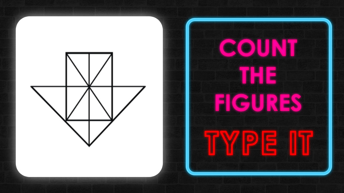 Black and white 16-shape visual challenge with neon text encouraging to count the figures and test eye sharpness.