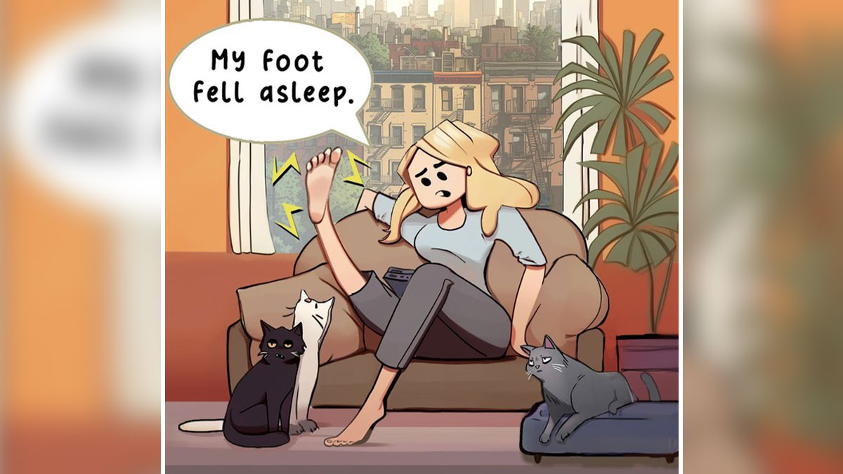 Comic illustration showing a woman on a couch saying her foot fell asleep, with three cats nearby in a cozy living room.