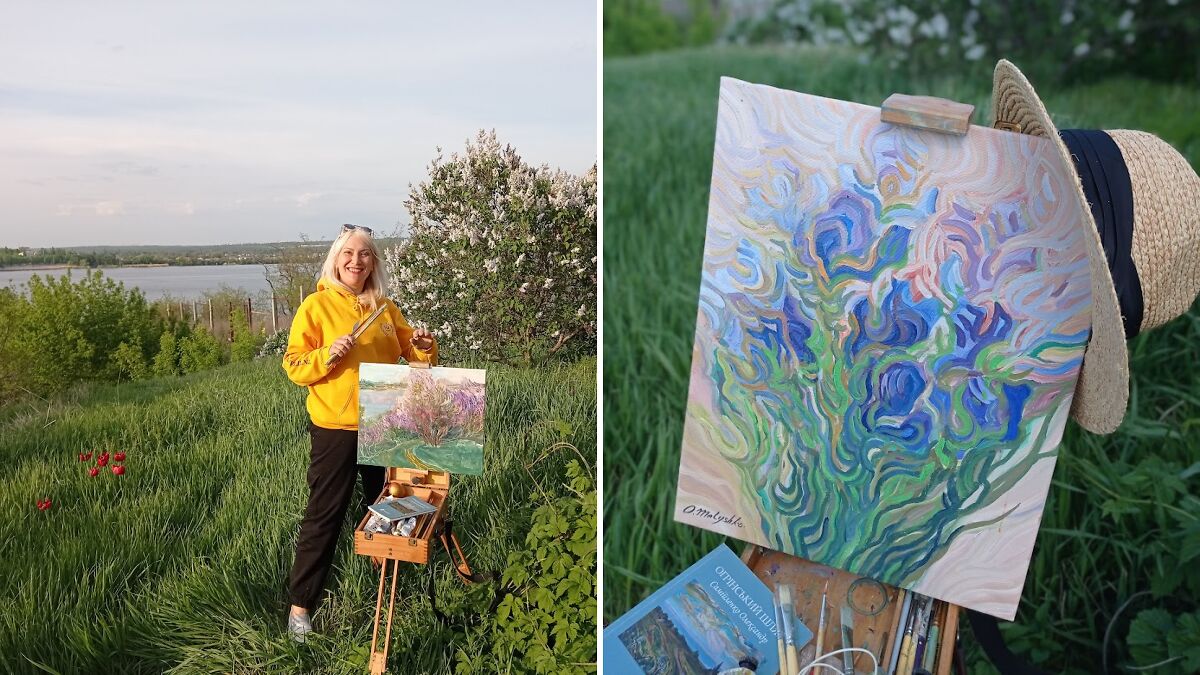 Artist painting plein air spring blossoms in Ukraine, with a colorful floral artwork and painting tools outdoors.