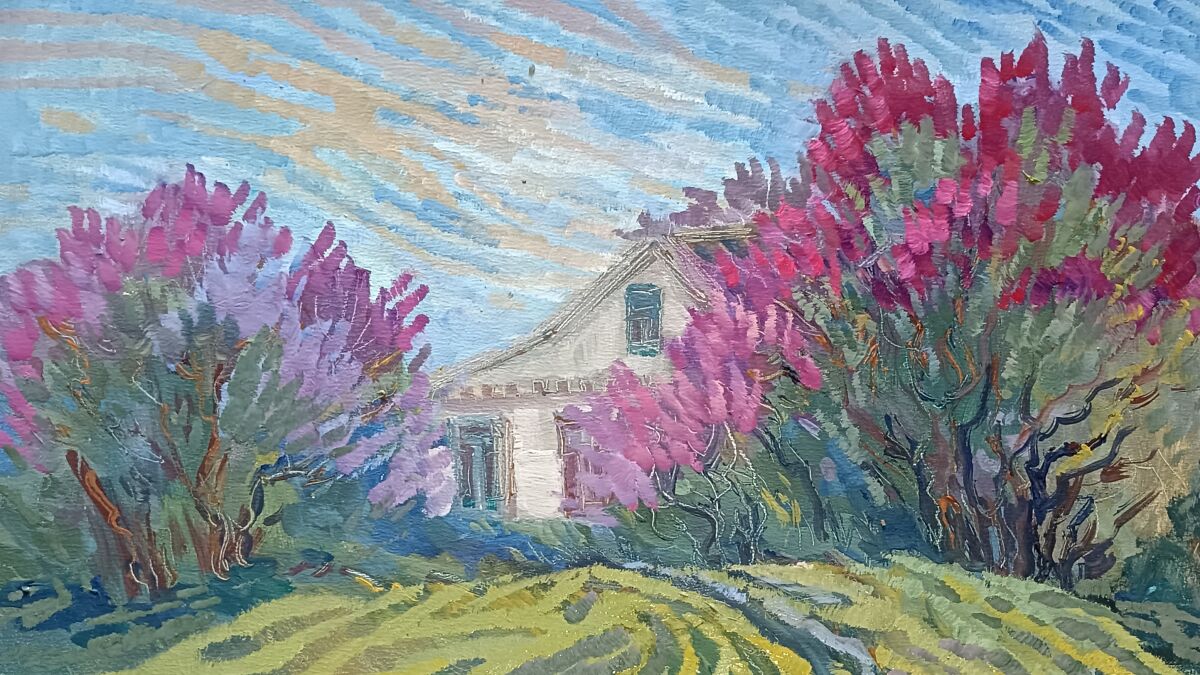 Impressionist painting of a countryside house surrounded by vibrant purple and pink flowering trees for Ukraine frontline exhibition.