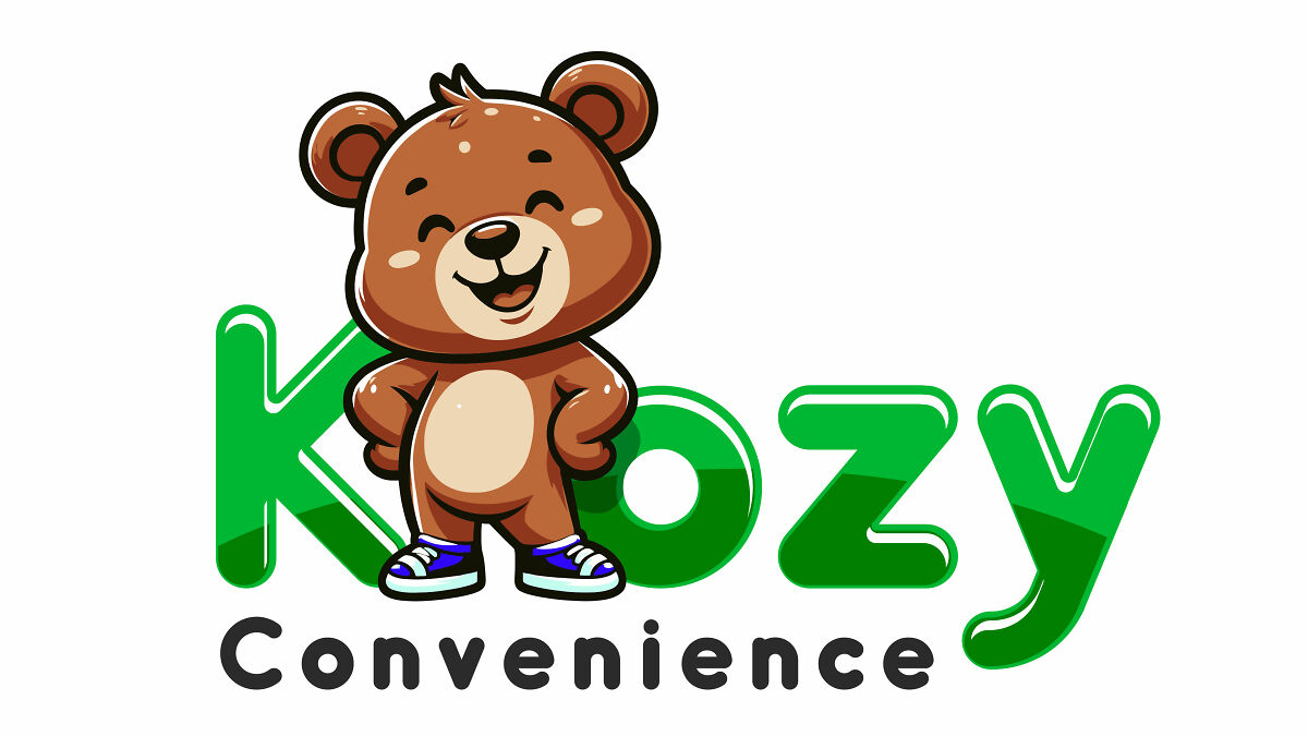 Cute cartoon bear standing with hands on hips next to elegant logo text Kozy Convenience in green letters.