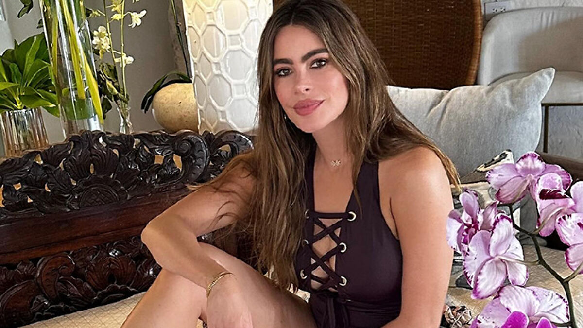 Sofia Vergara posing indoors in a plunging one-piece swimsuit, showcasing leggy display and summer style.