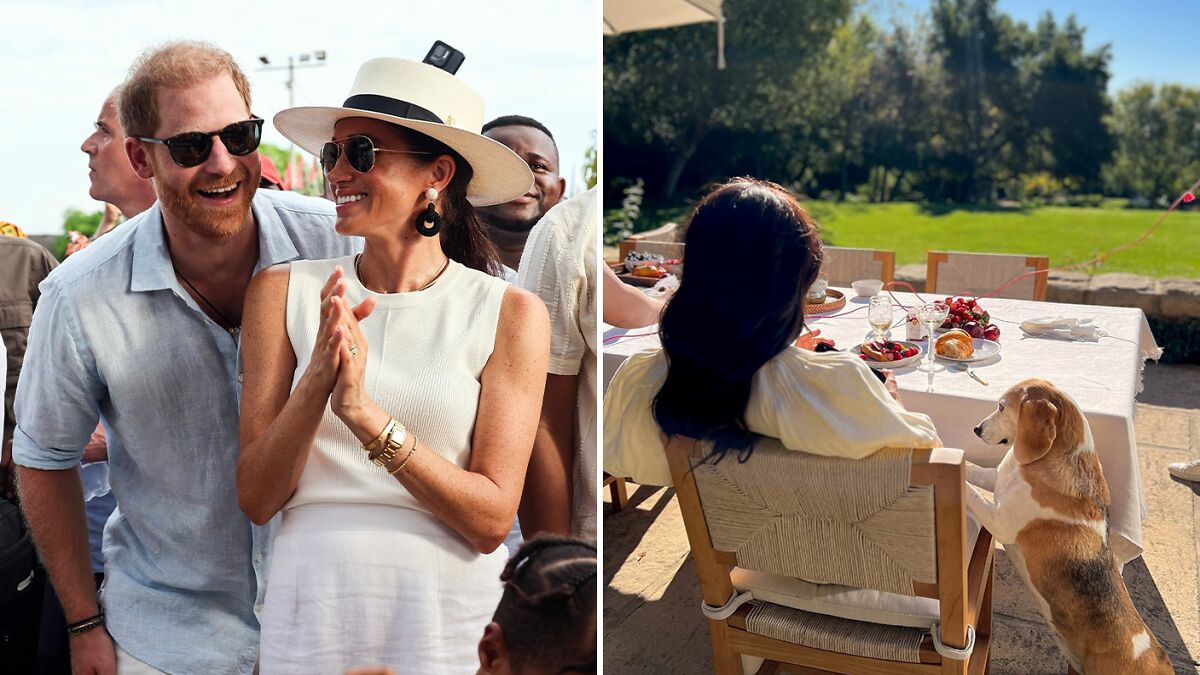 Meghan Markle outdoors with Prince Harry, and Meghan sitting at table with dog in sunny Montecito garden setting.