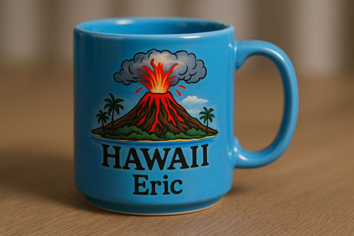 Blue Hawaii mug with an erupting volcano design sitting on a wooden surface, personalized with the name Eric.