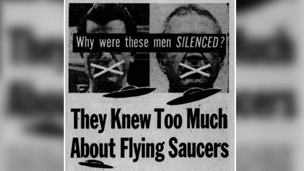 Black and white vintage conspiracy image showing men silenced with taped mouths and flying saucers, highlighting conspiracy theories.