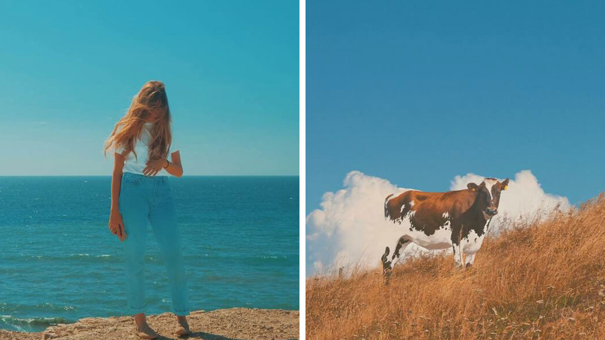 Surreal photo manipulation of a woman standing by the sea and a cow blending into cloud shapes on a hillside.