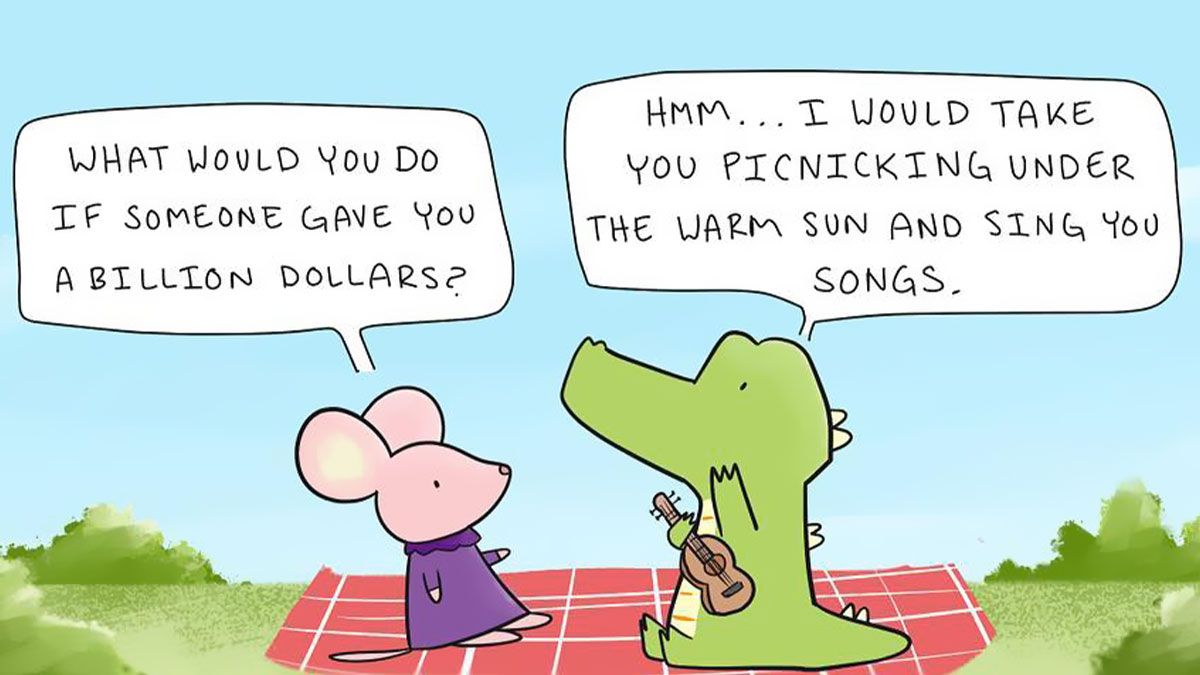 Cute animal comic with a mouse and crocodile having a picnic, illustrating lighthearted animal comics by 4amshower.