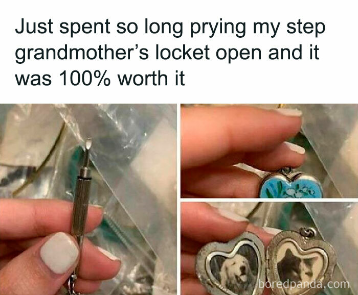 Hand opening a step grandmother’s locket revealing adorable animals inside, capturing heartwarming moments and smiles.