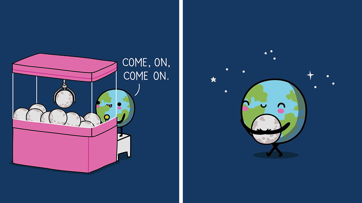 Cute Wawawiwa comic featuring Earth character playing a claw machine and happily hugging the moon ball.