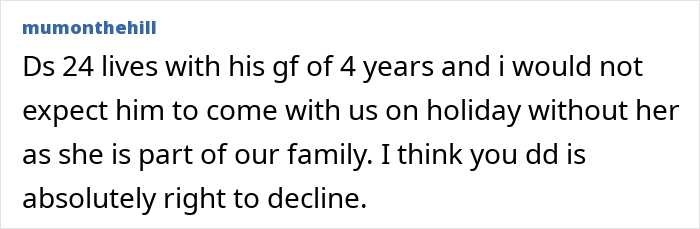 Text post about family trip disagreement where a mom says boyfriends don’t count as family and daughter refuses to go. Text post about family trip disagreement where a mom says boyfriends don’t count as family and daughter refuses to go.