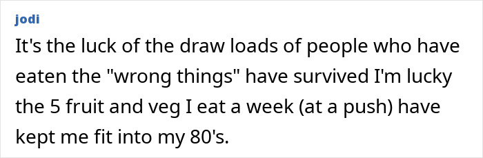 Commenter discussing diet choices related to fish, cheese, and longevity without red meat for healthy living over 80 years. Commenter discussing diet choices related to fish, cheese, and longevity without red meat for healthy living over 80 years.