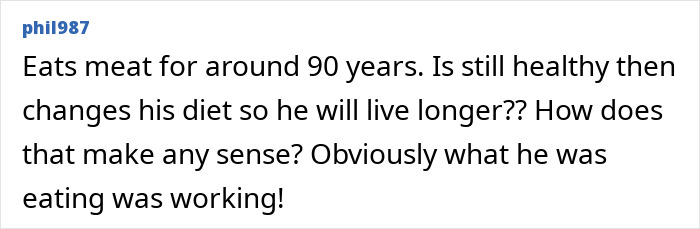 Comment discussing diet change from red meat to fish and cheese for longevity inspired by David Attenborough's lifestyle. Comment discussing diet change from red meat to fish and cheese for longevity inspired by David Attenborough's lifestyle.