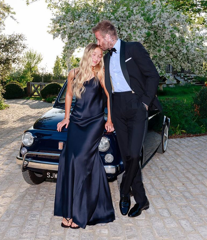 David Beckham in tuxedo with daughter in satin dress at 50th birthday party amid major family feud and social media photos. David Beckham in tuxedo with daughter in satin dress at 50th birthday party amid major family feud and social media photos.