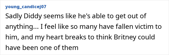 Screenshot of a social media comment discussing Britney Spears’ wild party with Diddy mentioned during trial. Screenshot of a social media comment discussing Britney Spears’ wild party with Diddy mentioned during trial.