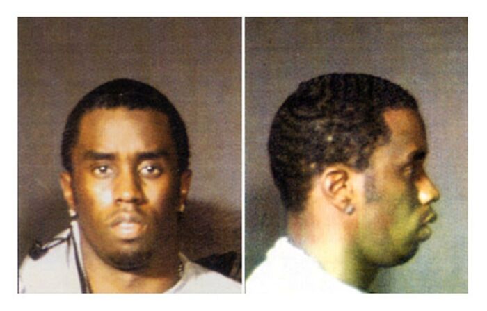 Mugshot of rapper Diddy shown front and side view related to ex-assistant's testimony about staff threats.